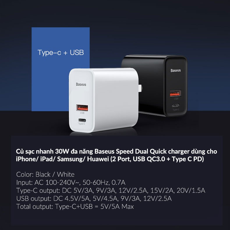 Củ sạc nhanh 30W Baseus Speed Dual Quick charger dùng cho  iPhone/ iPad/ Samsung/ Huawei (2 Port, USB QC3.0 + Type C PD)