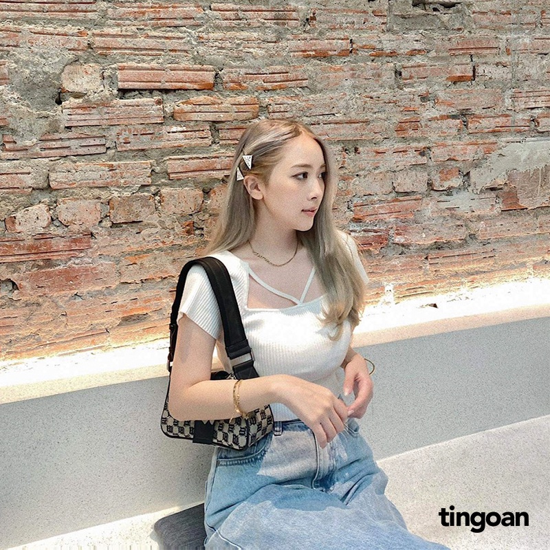 TINGOAN® - Áo len xù crop ngắn tay chéo dây trắng MISSIN' U TOP/WH phiên bản mới nhất tháng 10 năm 2023