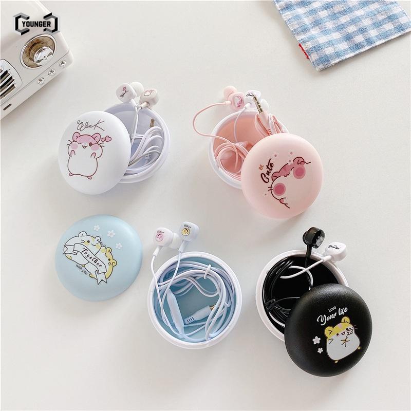 Tai Nghe Nhét Tai Có Dây 3.5mm Kèm Hộp Đựng Họa Tiết Hoạt Hình Dễ Thương