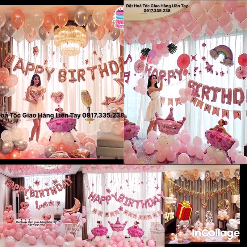 Set 40 Bóng Chữ HPBD Rose GOLD Tặng 1Bơm 1Ruy Băng 1Keo Bóng