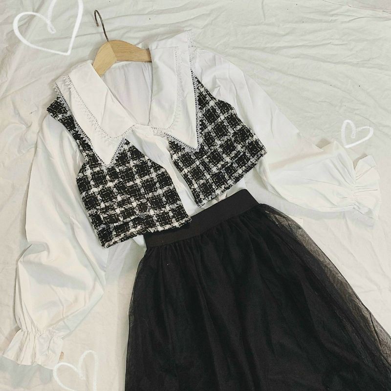 SET 3 MÓN: ÁO DẠ CROPTOP + ÁO SOMI + CVAY DẬP LY