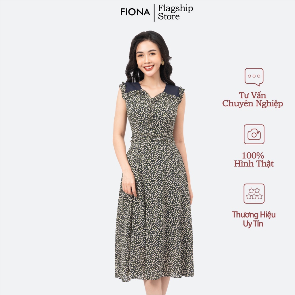 Đầm xòe nữ sát nách Fiona, Đầm công sở cổ tim phối bèo, đai trang trí F451039