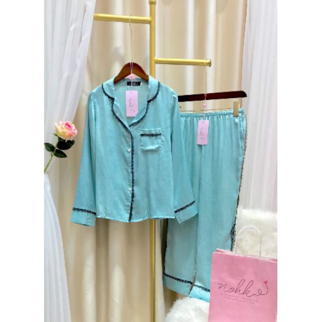 Bộ ngủ lụa trơn viền ren - NOHK