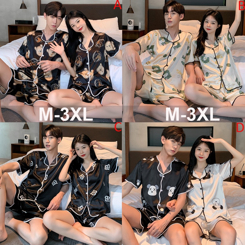Bộ Đồ Ngủ Vải Lụa Satin Tay Ngắn Thời Trang Hàn Quốc Dành Cho Nam Nữ