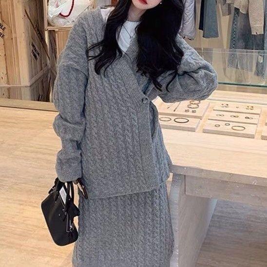 Fan Zhiqiao Bộ Áo Sweater Dệt Kim Dáng Rộng Phối Chân Váy Lửng Dệt Kim Thời Trang Thu Đông Cho Nữ