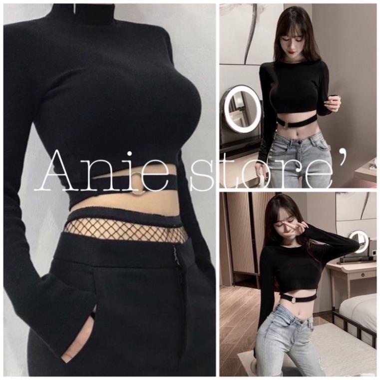 Áo Croptop Nữ Dài Tay Khuyên Eo 🦋 Áo Thun Nữ Đen Dáng Lỡ 🦋[giá rẻ] | BigBuy360 - bigbuy360.vn