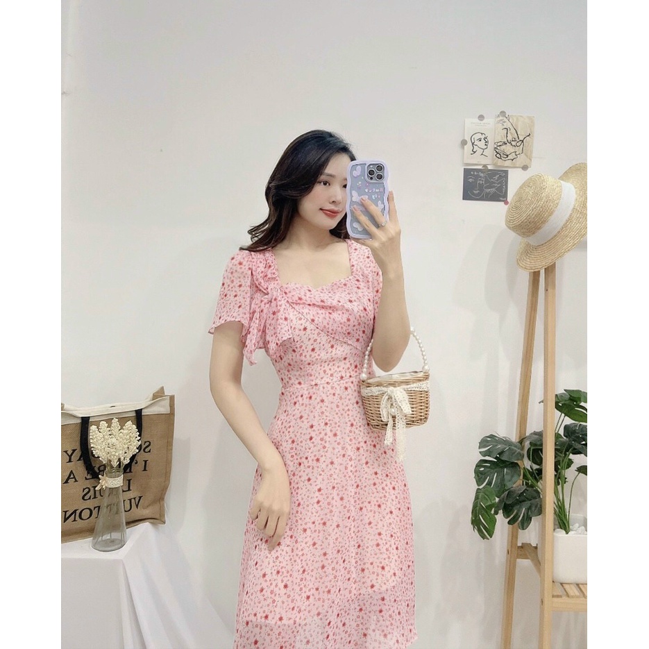 Đầm hoa nhí dự tiệc màu hồng, Váy voan hoa nhí nơ cổ hồng Cao Cấp dáng xòe tay ngắn, nữ tính quyến rũ - MiNhi Fashion