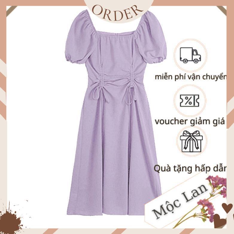 (MộcLan ORDER) Váy MORAN tay phồng cổ vuông eo rút dây 2 bên xòe dài tiểu thư sang trọng kiểu Pháp | BigBuy360 - bigbuy360.vn