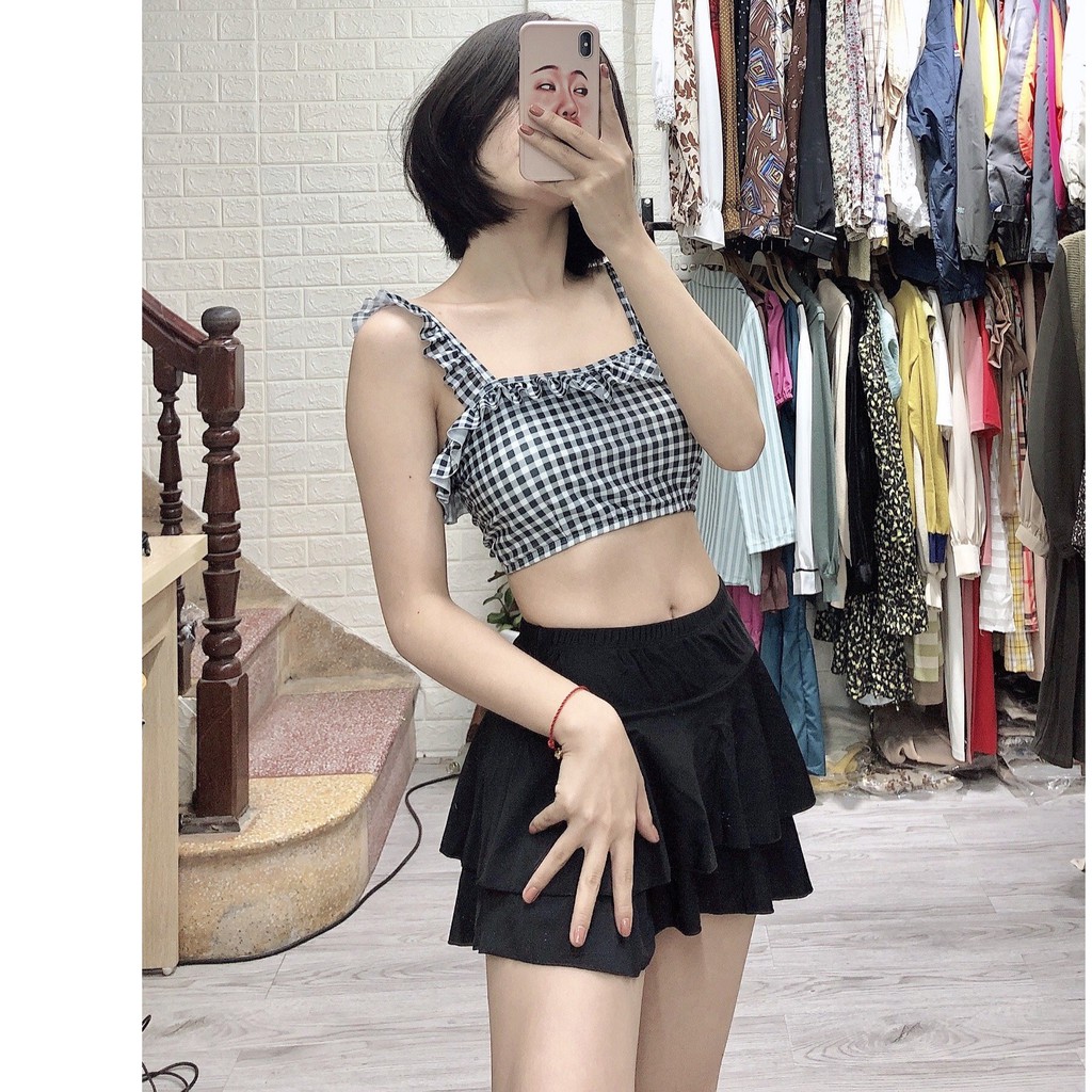 Bikini 2 Mảnh Áo Sọc Caro - Váy Đen Mới BIKINISTORE