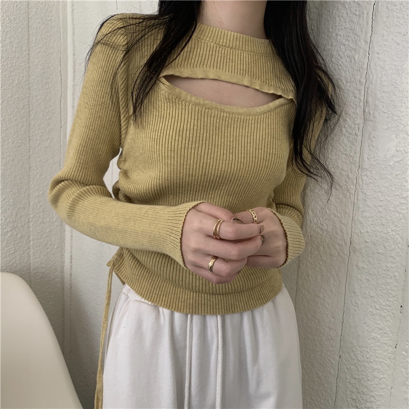【ZHELIHANGFEI】Áo Sweater Dệt Kim Tay Dài Dáng Ôm Phối Dây Rút Cá Tính