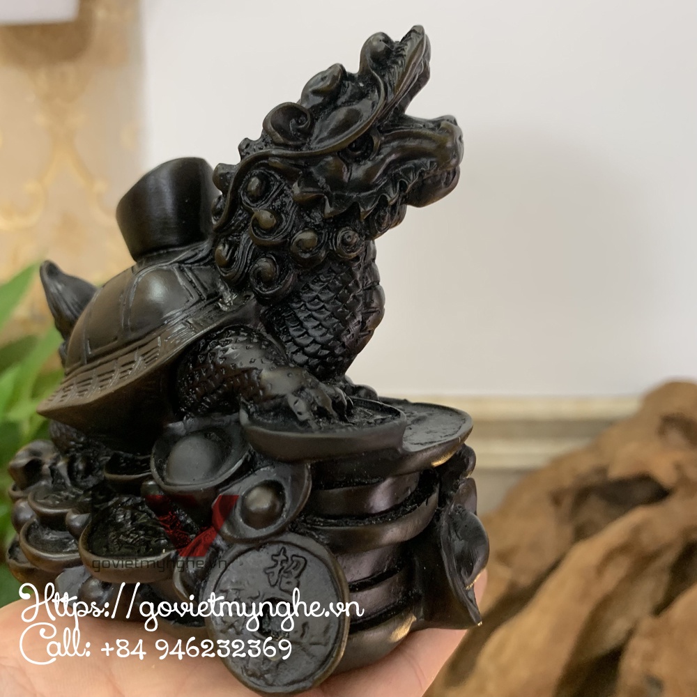 Tượng đá long quy - Rùa đầu rồng trang trí phong thủy - Long quy cõng thỏi vàng - Cao 10cm