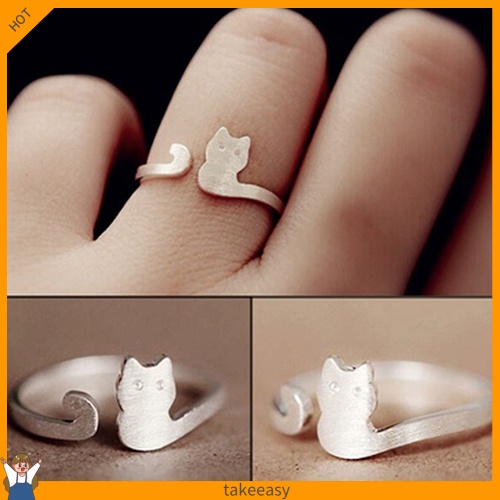 Nhẫn Hở Mạ Bạc Hình Mèo Hoạt Hình Có Thể Điều Chỉnh Kích Cỡ