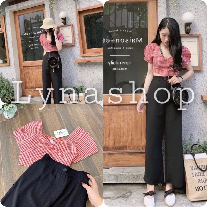 sét đồ nữ🍉Bộ Quần Culottes Áo Croptop Kẻ Đỏ 🍉 Set Nữ Quần Dài Áo Ngắn Cộc Tay 🍉 set quần áo xinh mặc lên cực sang chảnhh