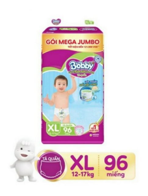 Tặng 12 miếng + Tã quần bobby mega jumbo M120/L104/XL92/XXL84