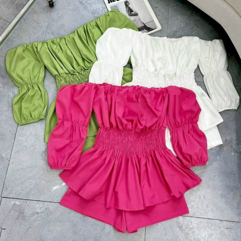 SET ÁO TRỄ VAI BO EO THUN + SHORT 3M
