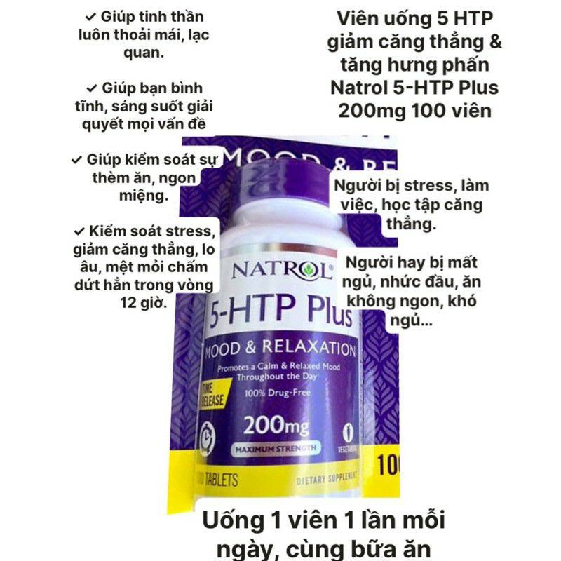 Viên uống giảm stress và tạo hưng phấn Natrol 5-HTP Plus 100mg - 200mg của Mỹ