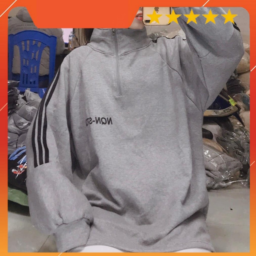 Áo Nỉ Khóa Cổ NQN-STQP Xám Dáng Rộng Nam Nữ Mặc Được Nguyễn Hoa