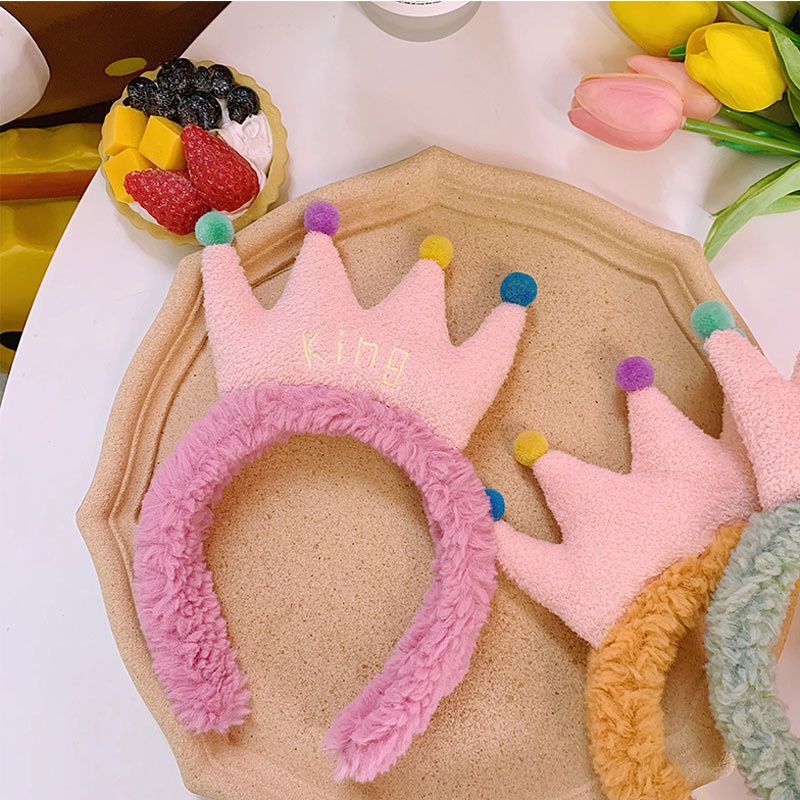 Băng đô cài tóc rửa mặt Hình Vương Miện Phối Lông Dễ Thương Phong Cách Hàn Quốc Cho Nữ