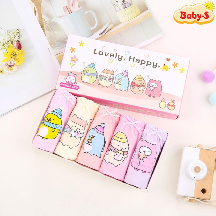 Set 5 quần chip kháng khuẩn cho bé gái, Hộp 5 quần lót cho bé gái 1-12 tuổi xuất Hàn cao cấp chất cotton Baby-S - SC024