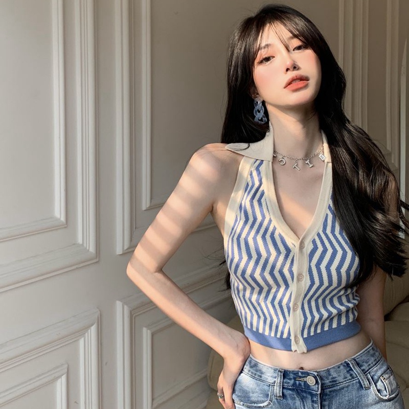 Áo ZHELIHANGFEI không tay hở lưng họa tiết sọc trắng xanh lam phong cách Âu Mỹ quyến rũ cho nữ