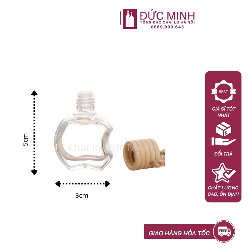Vỏ chai tinh dầu thủy tinh treo xe hình quả táo nắp gỗ [Giá sỉ/lẻ]