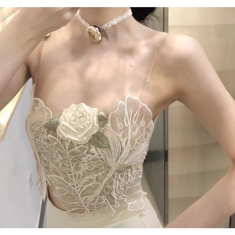 Áo Hai Dây Phối Ren Thêu Hoa Quyến Rũ Thời Trang Mùa Hè 2022