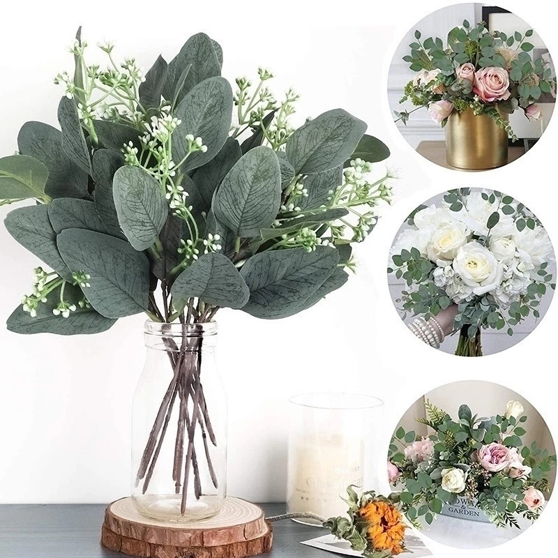 Cành cây bạch đàn giả phối bông trắng trang trí nhà cửa tiện dụng