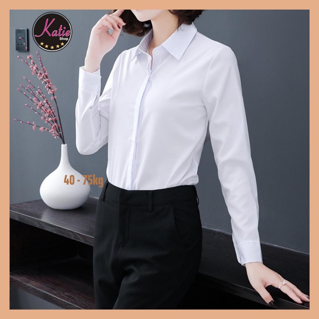 Áo Sơ Mi Trắng Nữ Công Sở Katie, Sơ Mi Trắng Sáng Tay Dài Chất Áo Trắng Cotton Thoáng Mát Không Nhăn Có Bigsize Từ 40-75