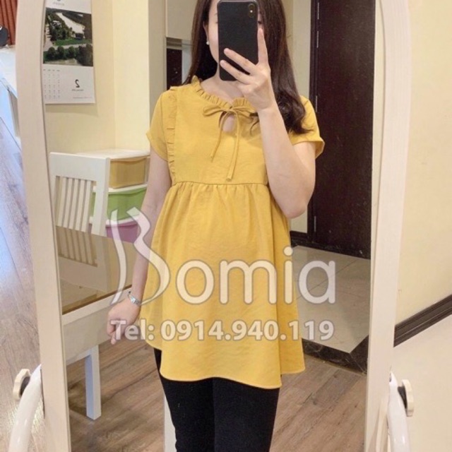 Áo bầu kẻ công sở mùa hè, thiết kế dáng babydoll cộc tay, có nơ cổ 𝐀𝐁𝟏𝟖