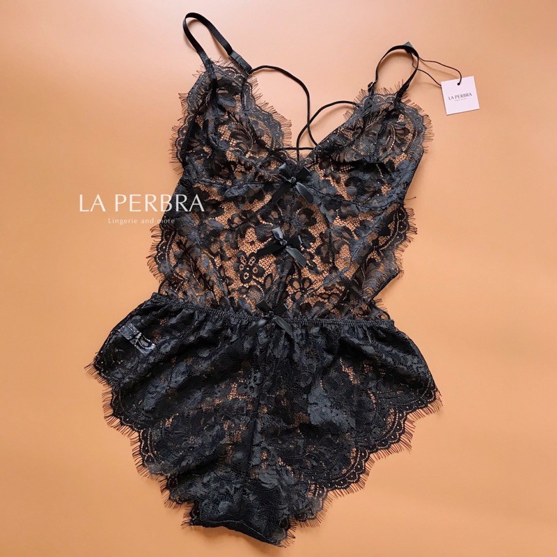 Bodysuit ren nơ hở lưng màu đen trắng sexy LA PERBRA (J03)