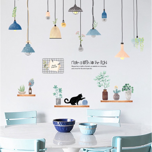 Deacal trang trí tường - Kệ những chậu cây nhỏ và rèm dây bóng đèn