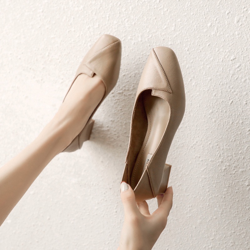 Giày Cao Gót Mũi Vuông Gót Vừa Dày Dặn Màu Sắc Nude Thời Trang Xuân Thu Cho Nữ