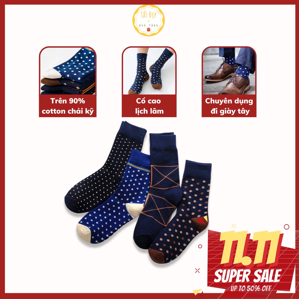 Tất vớ nam cổ cao công sở set 4 đôi POLKA-DOT thời trang cao cấp chống hôi chân đi giày tây
