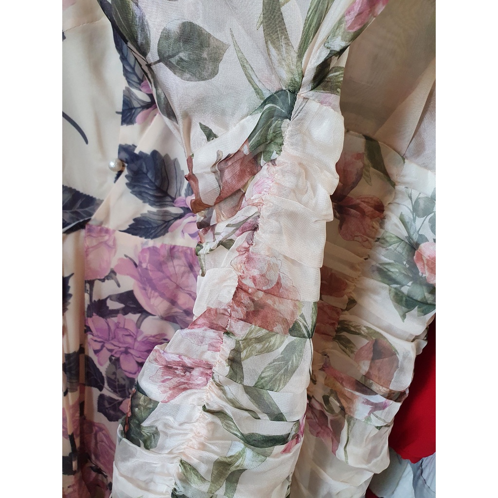 Đầm kimono body sexy màu be họa tiết hoa nhún bèo voan tơ Size S