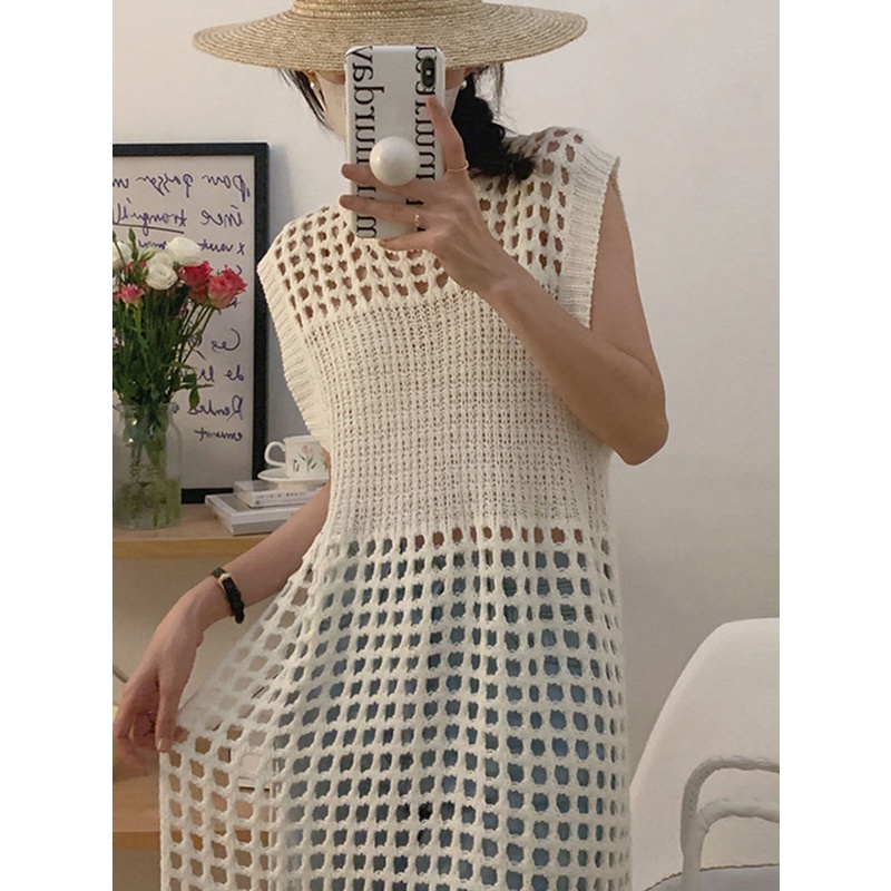 [LININ] Đầm Dệt Kim Sát Nách Dệt Kim Cổ Tròn Phối Lưới Rỗng Xếp Chồng Thời Trang Mùa Hè Hàn Quốc Cổ Điển