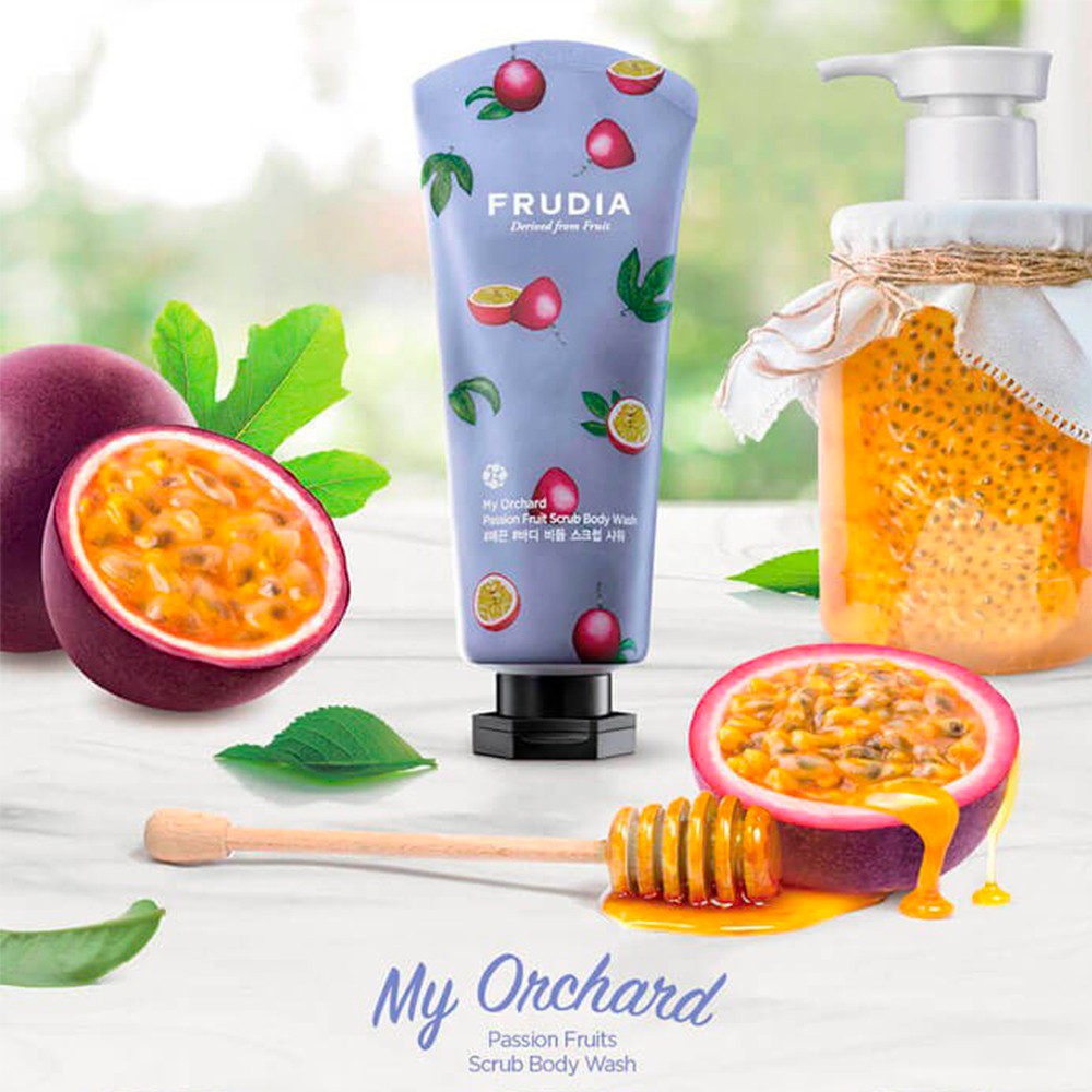 Sữa Tắm Frudia My Orchard Passion Fruit Scrub Body Wash Loại Bỏ Tế Bào Chết Từ Chanh Dây 200ml