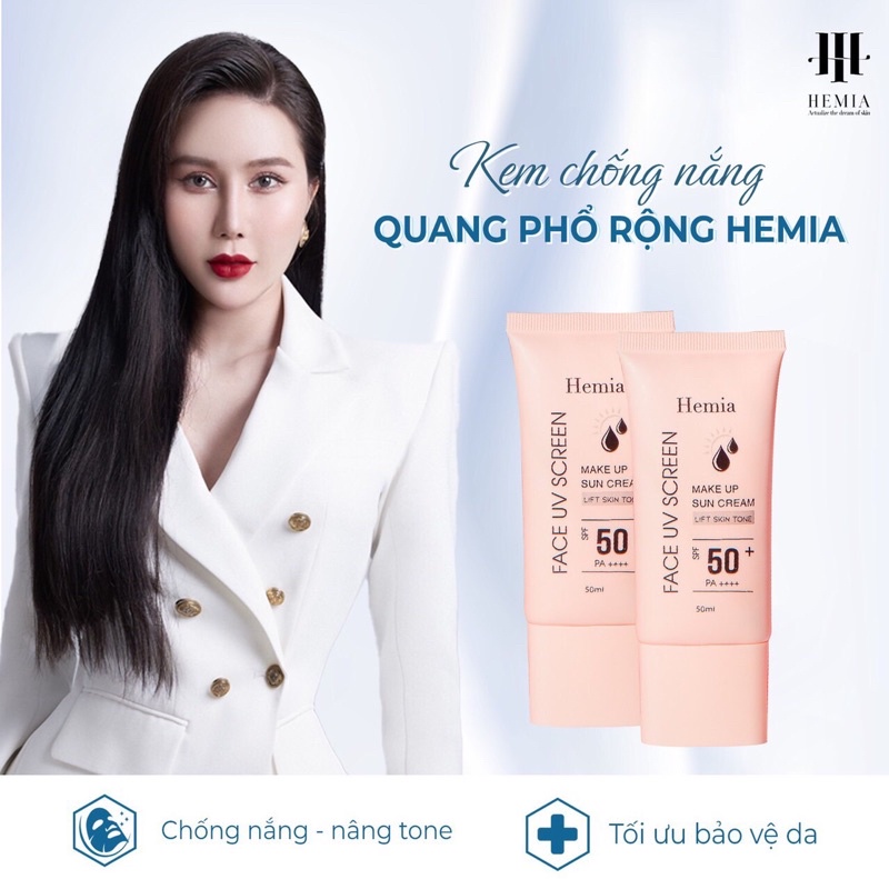 [ Chính Hãng] Kem chống nắng Hemia- nâng tone- thấm nhanh- không bết rít- chống nắng 50+