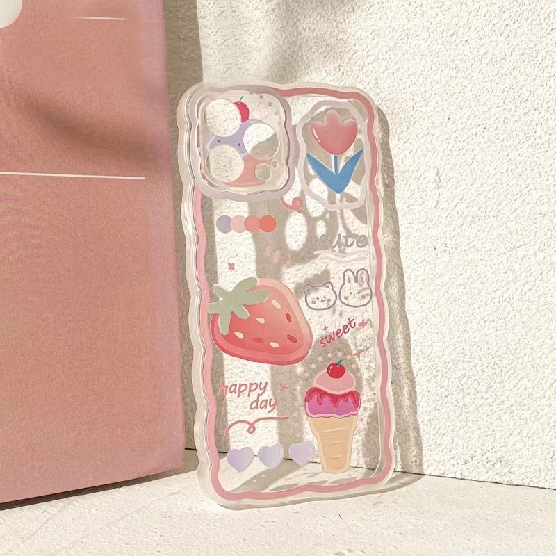 (SIÊU RẺ) Ốp lưng iphone viền sóng quả dâu tây que kem happy day 7plus/8/8plus/x/xr/xs/11/12/13/pro/max/plus/promax
