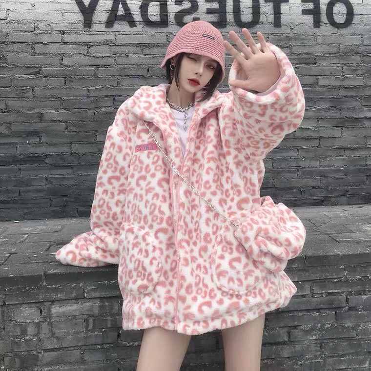 Áo Khoác Lông Hồng Họa Tiết Da Beo