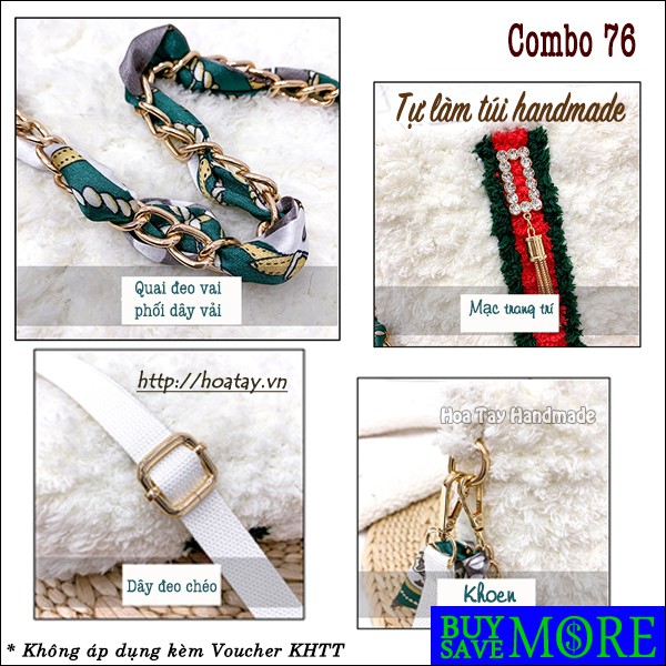 Combo 76 - Tự làm túi handmade kiểu túi vuông, dây đeo phối vải sang trọng, Bộ nguyên liệu đầy đủ.