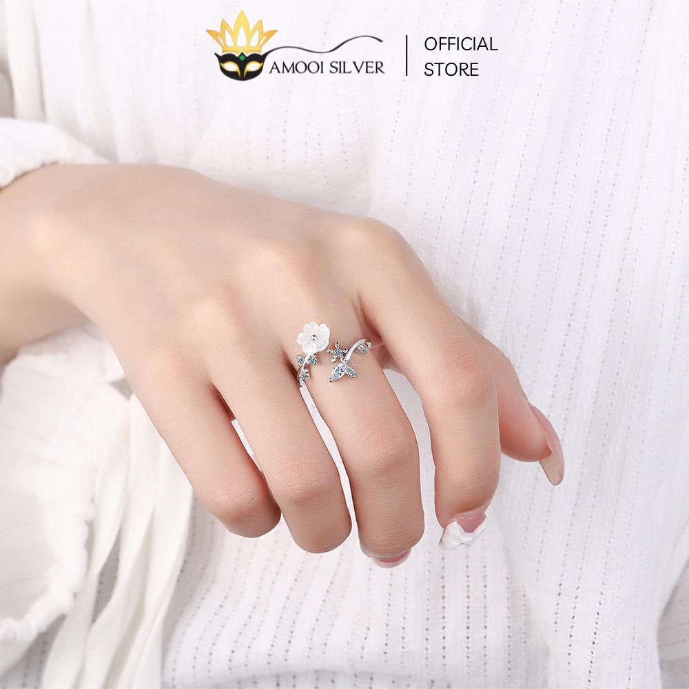 Nhẫn Bạc S925 Dạng Hở Mẫu Hoa Xà Cừ Đính Đá Freesize - Amooi Silver AN75