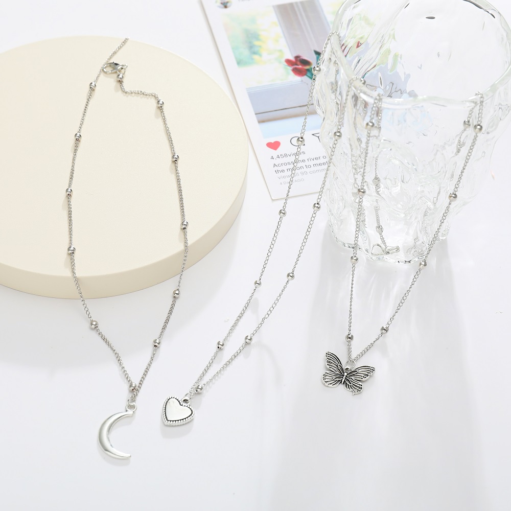 Set 3 Vòng Cổ Nhiều Lớp Mặt Hình Bướm / Mặt Trăng / Trái Tim Thời Trang Cho Nữ