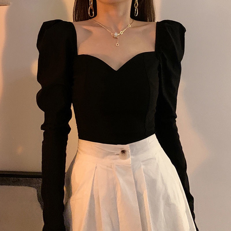 Áo sơ mi dài tay gợi cảm của phụ nữ Slim Fit Áo sơ mi tay phồng vuông cổ điển