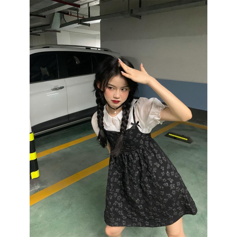 Bộ Áo Tay Phồng + Chân Váy Lưng Cao Họa Tiết Hoa Phong Cách retro Pháp Thời Trang Mùa Hè