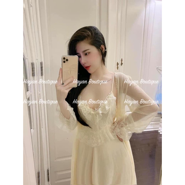 HT324 Set váy ngủ và áo choàng sexy cổ yếm phối ren, đồ ngủ lụa dáng suông gợi cảm HT324 (322+245)