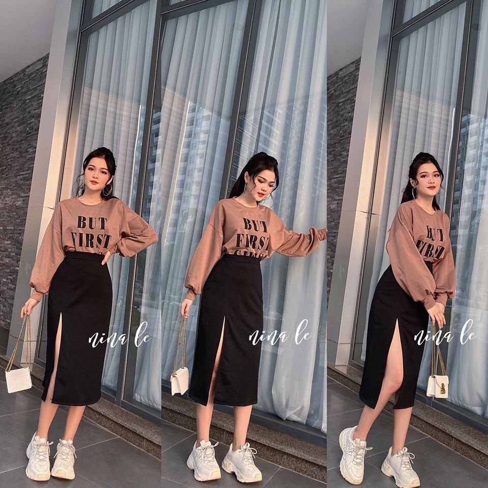 [ CHÁY HÀNG Áo croptop tay dài oversize in chữ BUT