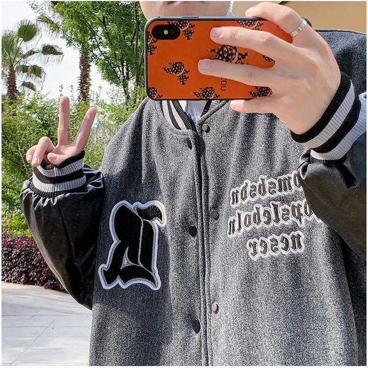 Áo khoác bóng chày phối da phong cách Nhật Bản thời trang cao cấp cho nam