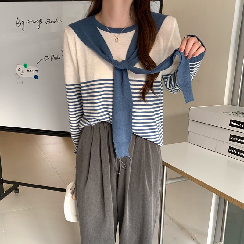 【ZHELIHANGFEI】Áo Dệt Kim Tay Dài Dáng Rộng Kẻ Sọc Giả Hai Lớp Dễ Phối Đồ