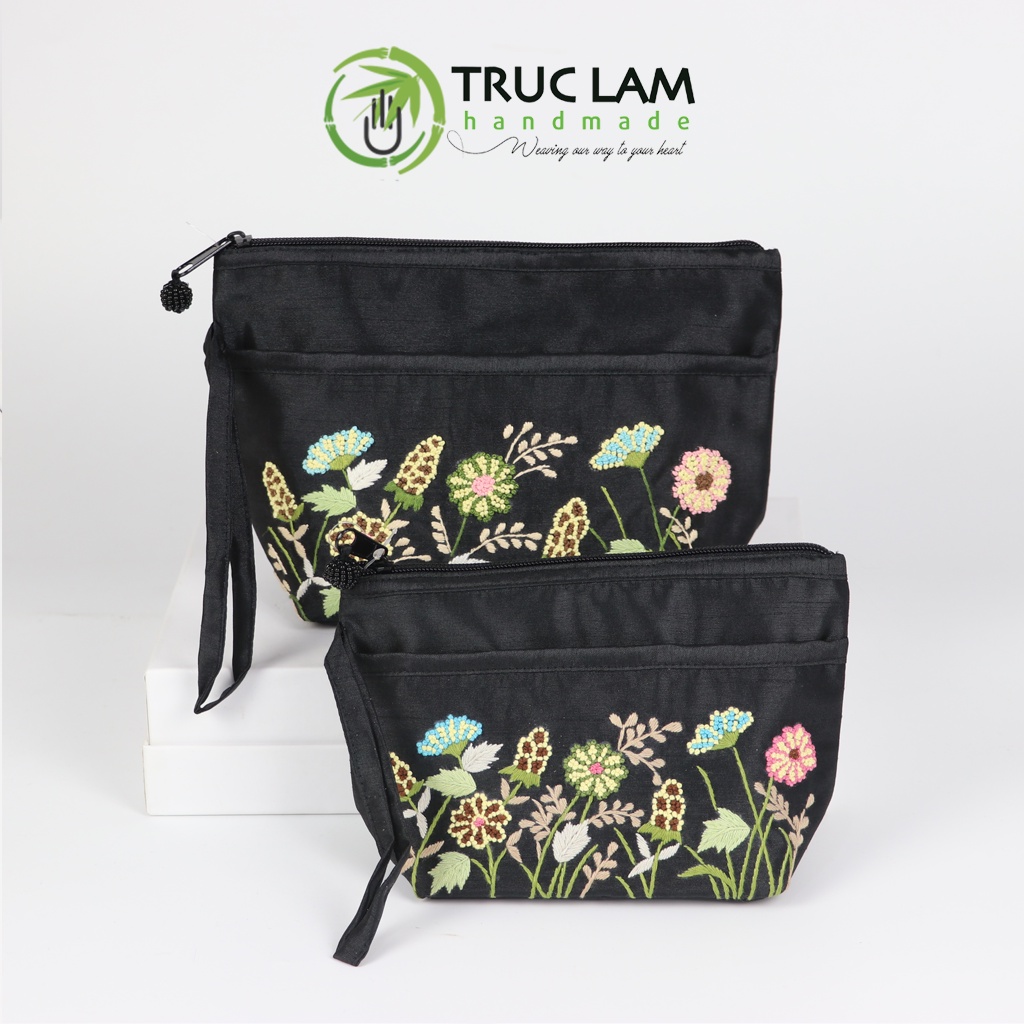 Ví Cầm Tay Nữ Vải Tafta Họa Tiết Hoa Cỏ Sa Hạt Thêu Tay Set 2 Chiếc