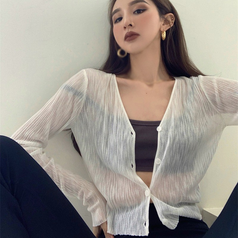 Áo dệt kim tay dài cổ chữ v thời trang mùa hè thích hợp cho nữ
